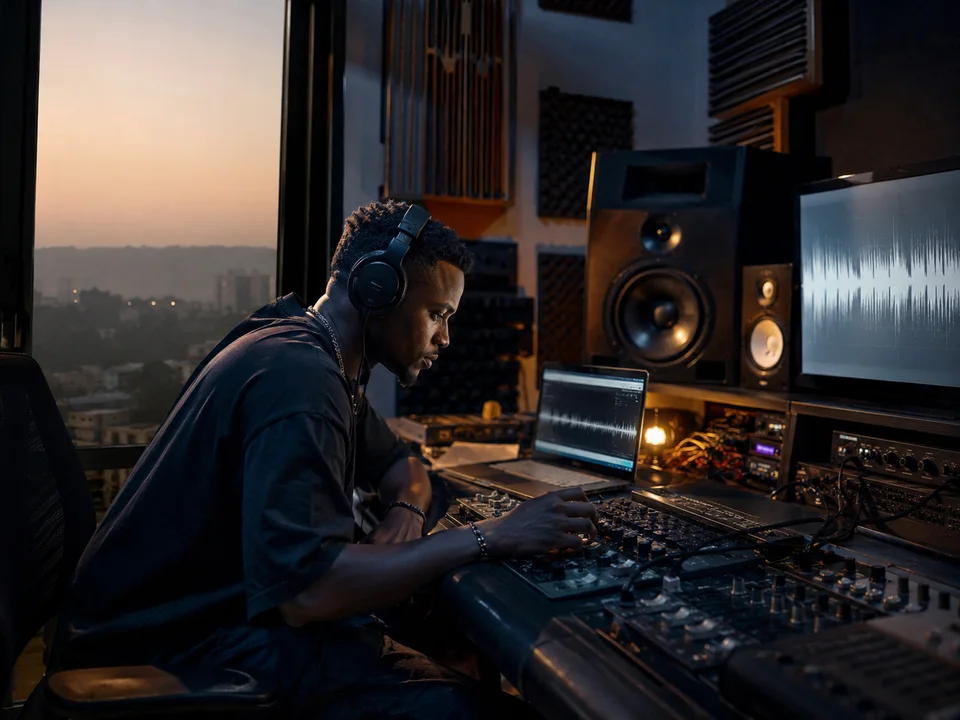 Person wearing headphones adjusts a mixing console beside a keyboard.