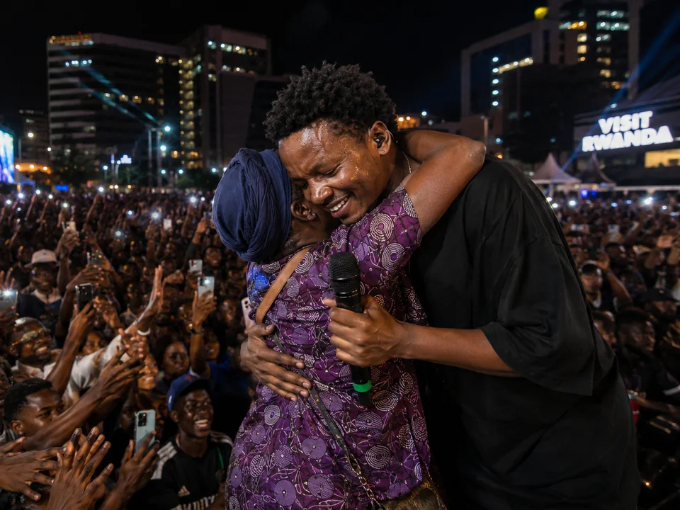 Two people embrace in front of a crowd, one holding a microphone.